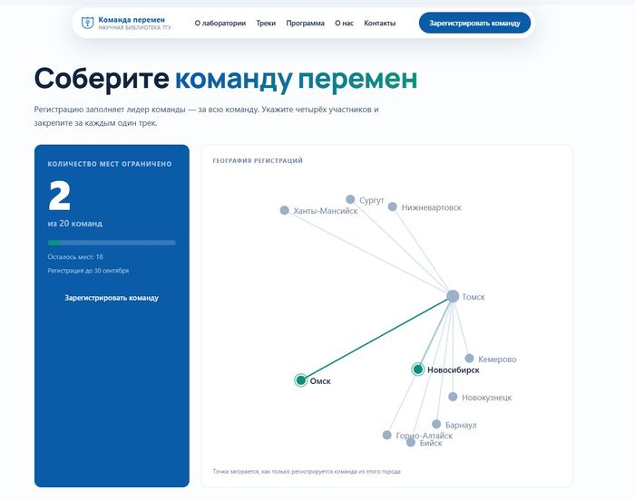 Живая карта регистраций: точка загорается, как только регистрируется команда из этого города.