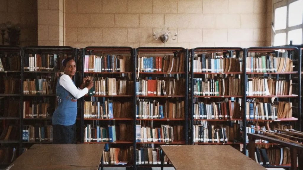 Библиотекарь организует книги на полках в библиотеке