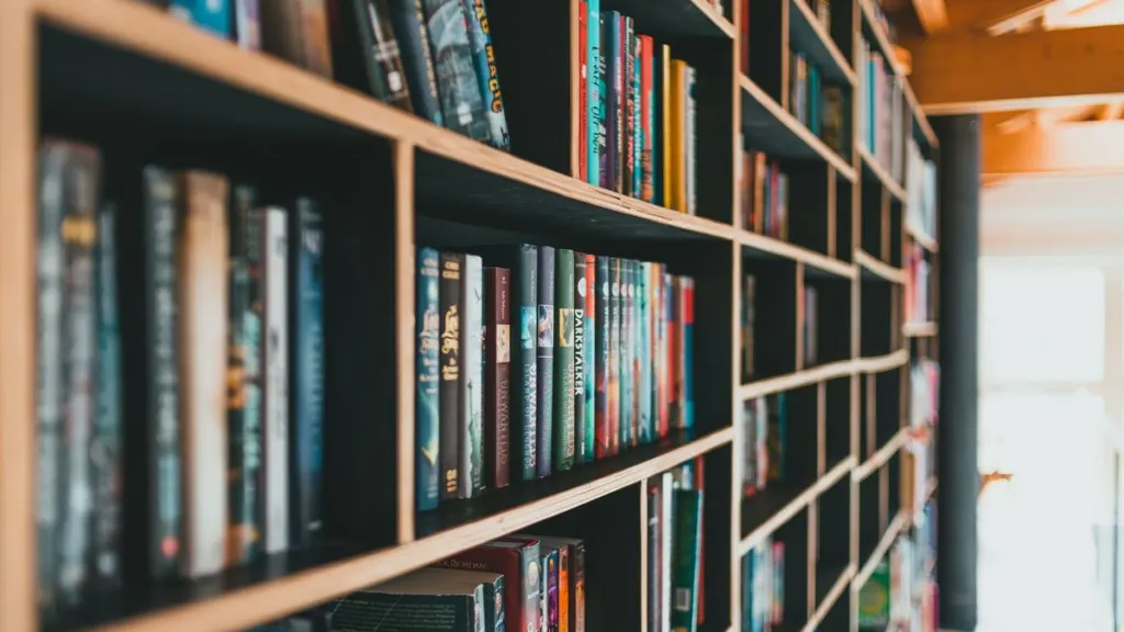 Книжные полки с упорядоченными книгами в библиотеке